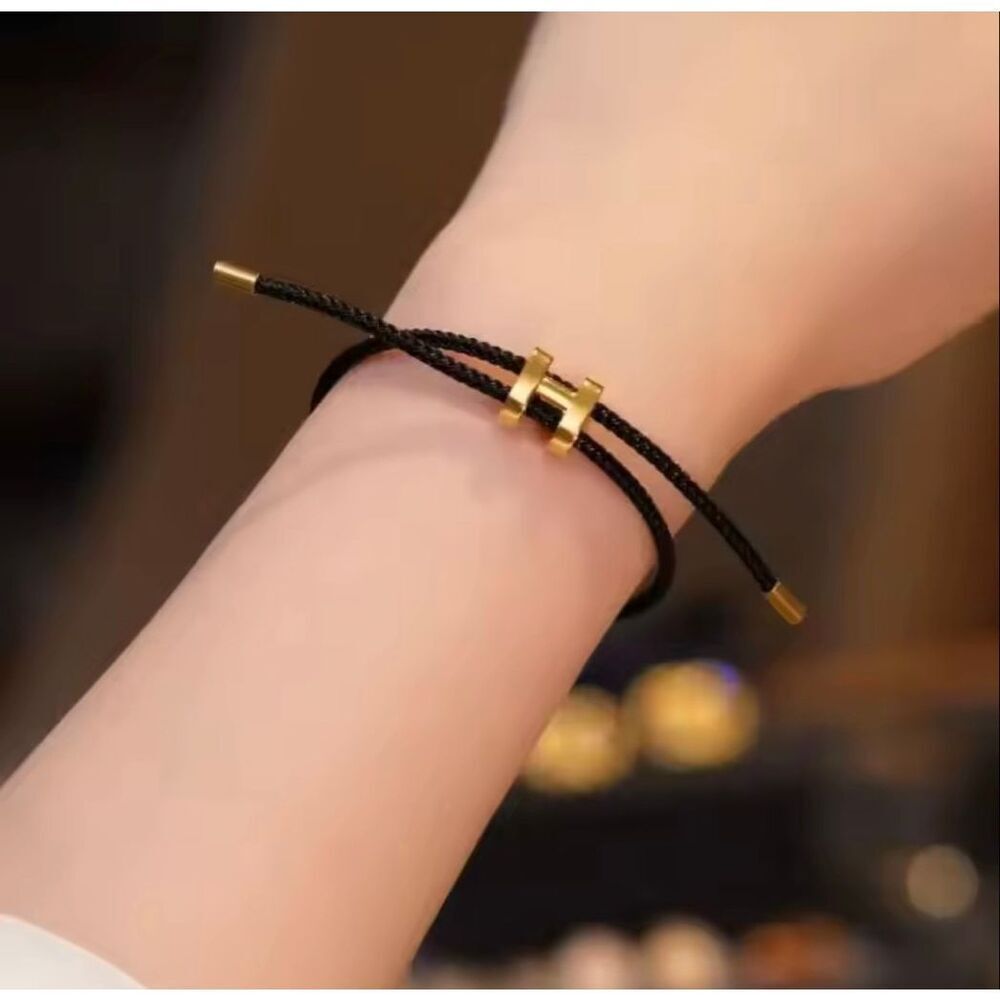 Minimalist Black Cord Bracelet Gold Tone H Charm Adjustable Luxury Style - Picture 3 of 3
